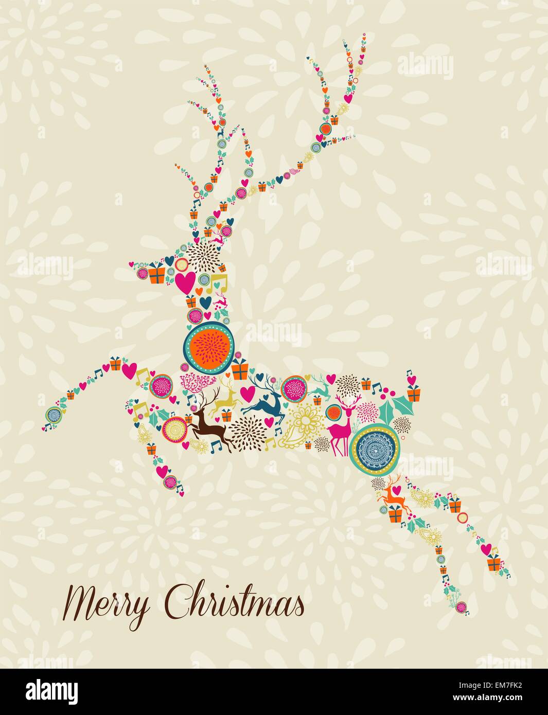 Merry Vintage christmas elements jumping reindeer Stock Vector