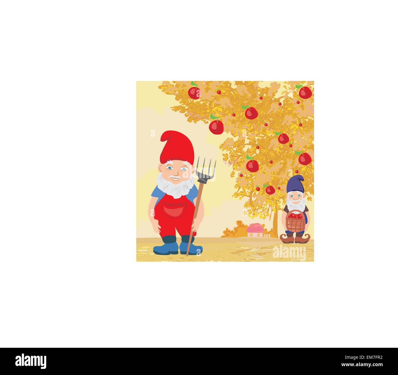 two dwarfs and apple tree in autumn Stock Vector