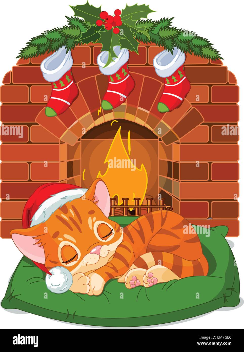 Christmas Kitten Sleeping near Fireplace Stock Vector