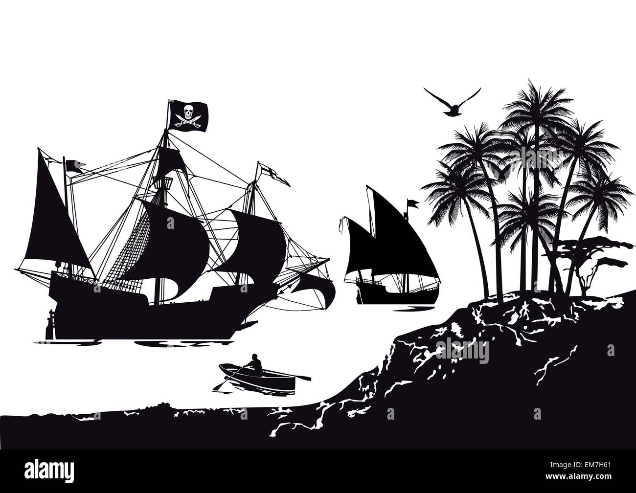 Pirate ship with tropical Pirate Island Stock Vector
