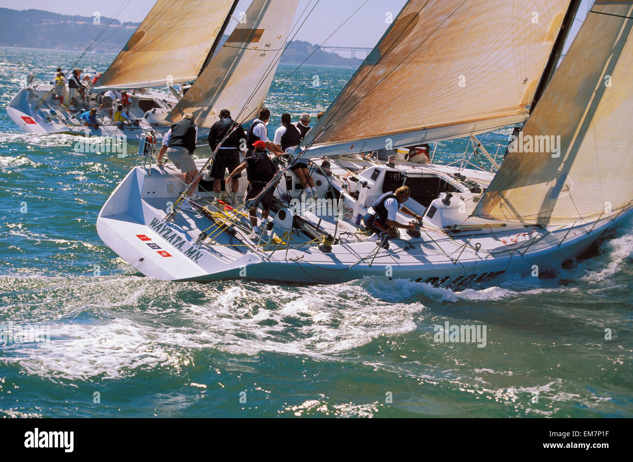 California, San Francisco, Big Boat Series, Side Stern View Of Two Yachts, Upwind Tactics, One Design Stock Photo