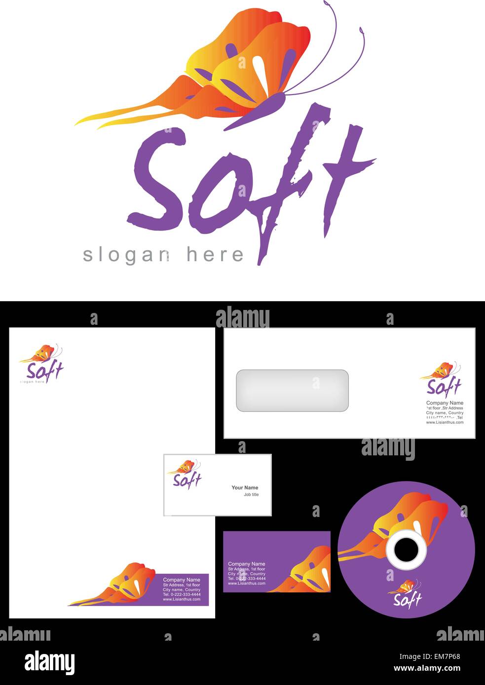 Soft Logo Design and corporate identity package including logo, letterhead, business card, envelope and cd label. Stock Vector