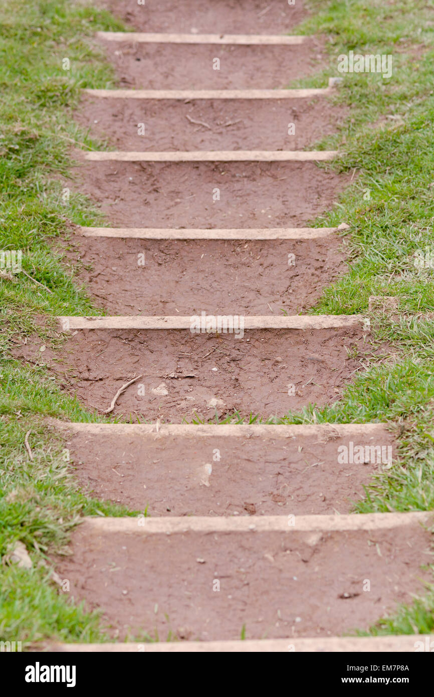 Steps cut into hill side on country footpath Stock Photo