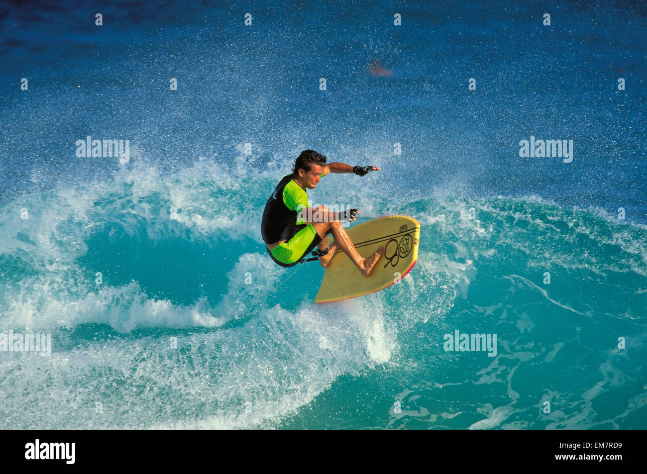Hawaii, Danny Kim Stands On Bodyboard, Rides Large Wave Stock Photo Alamy