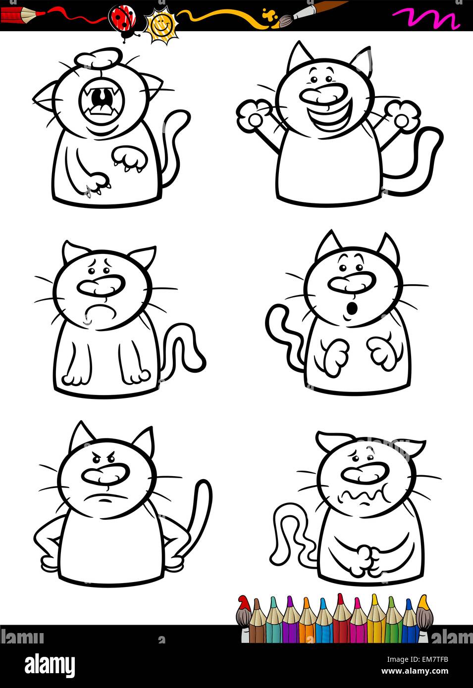 cats emotion set cartoon coloring book Stock Vector