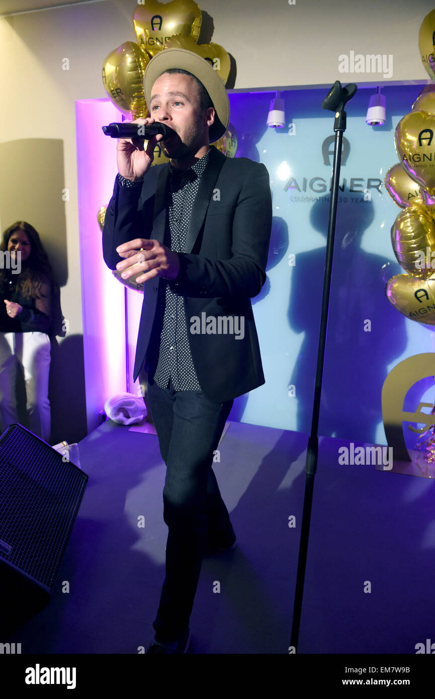 Munich, Germany. 16th Apr, 2015. British musician Marlon Roudette performs at the event 'Aigner - Celebrating 50 Years' at the Aigner Shop in Munich, Germany, 16 April 2015. Photo: FELIX HOERHAGER/dpa/Alamy Live News Stock Photo