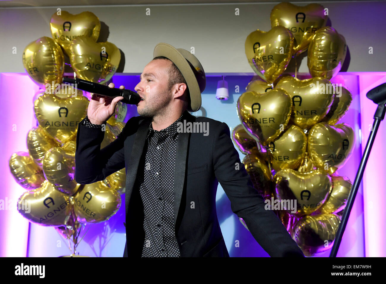 Munich, Germany. 16th Apr, 2015. British musician Marlon Roudette performs at the event 'Aigner - Celebrating 50 Years' at the Aigner Shop in Munich, Germany, 16 April 2015. Photo: FELIX HOERHAGER/dpa/Alamy Live News Stock Photo