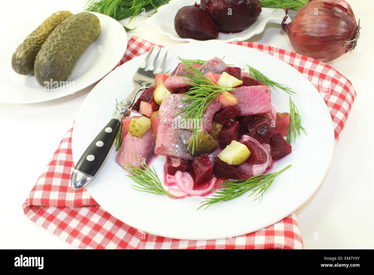 Matie salad with beetroot, onions and pickles Stock Photo