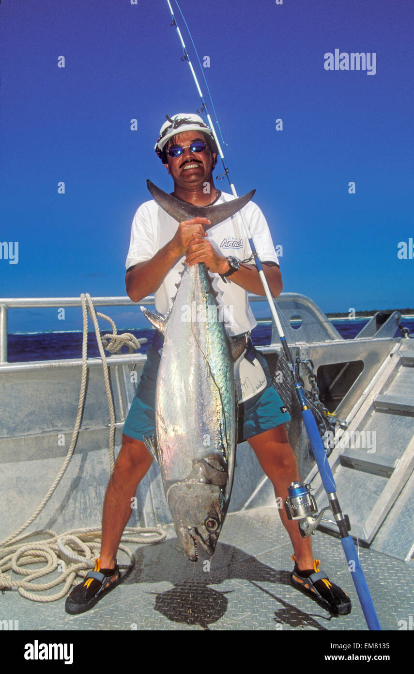Marshall Islands, Bikini Atoll, Fisherman Holding Big Tuna Stock Photo