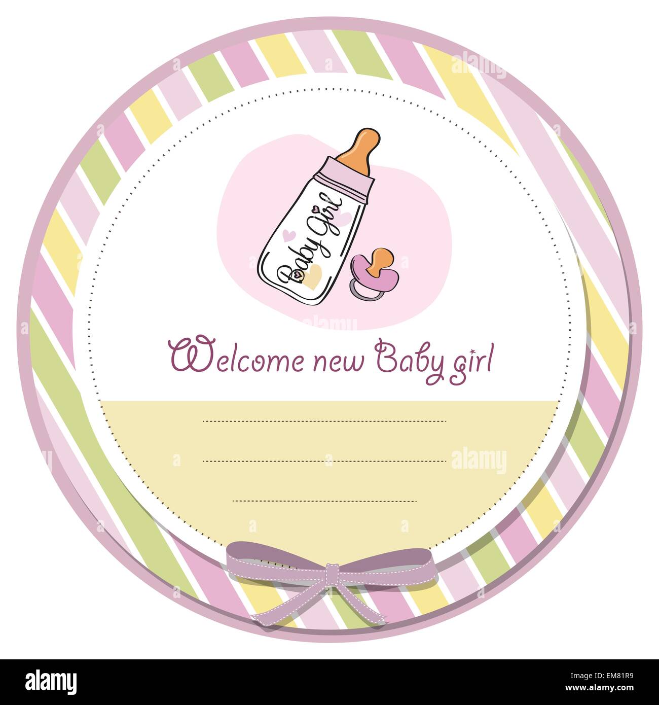 new baby girl announcement card with milk bottle and pacifier Stock Vector