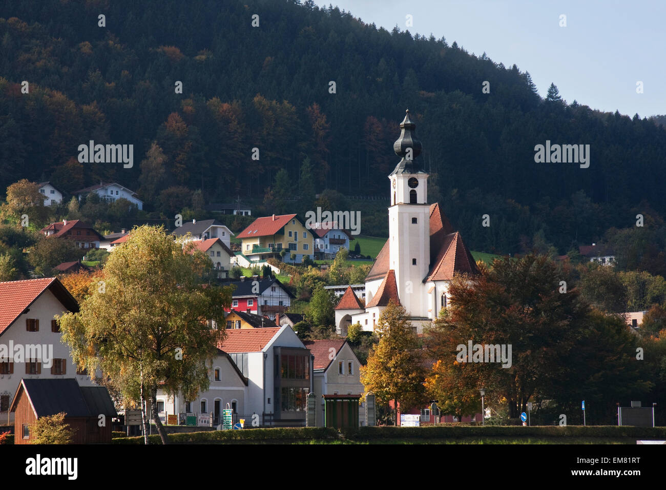 Panoramic view of Engelhartszell, as seen from the Danube River, Upper Austria, Austria Stock Photo