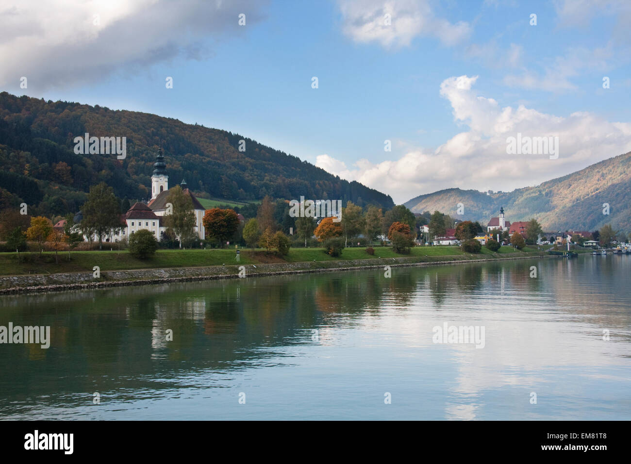 Panoramic view of Engelhartszell, as seen from the Danube River, Upper Austria, Austria Stock Photo