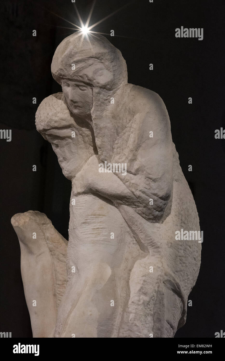 Milan, Italy. 17th Apr, 2015. detail of the front of Michelangelo's Rondanini Pietà at the new museum at the newly restored Ospedale Spagnolo of Castello Sforzesco Credit:  Piero Cruciatti/Alamy Live News Stock Photo