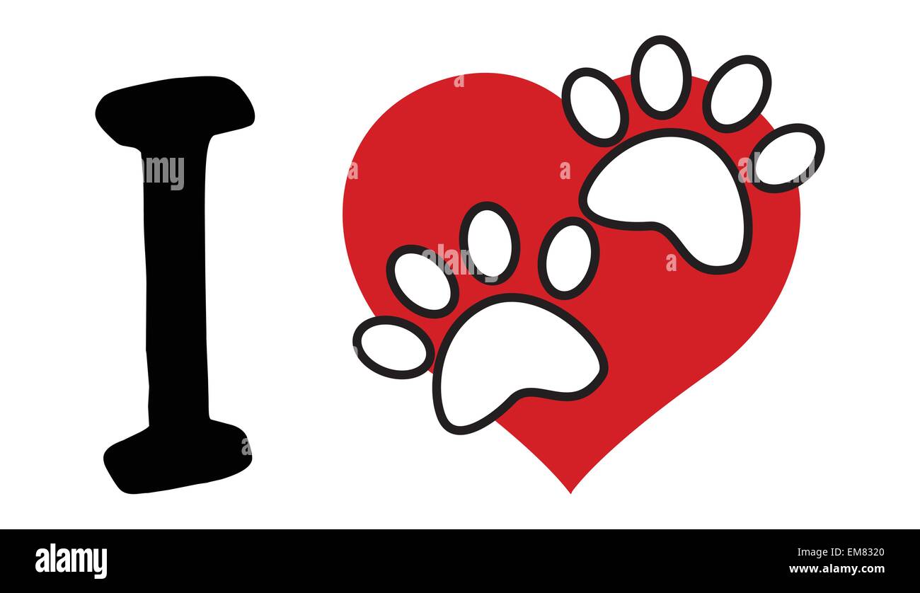 I Love Text With Red Heart And Paw Print Stock Vector