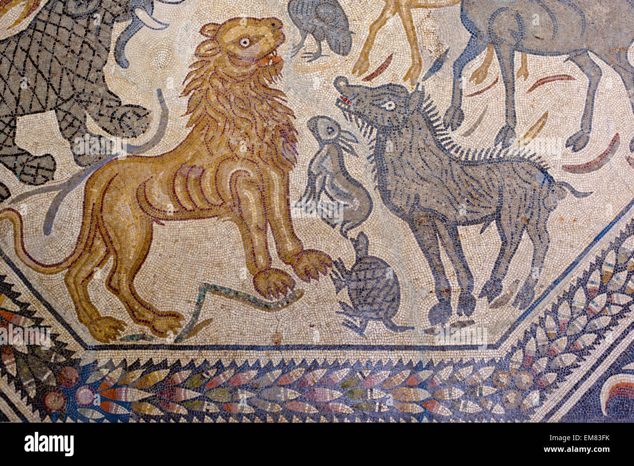 Roman polychrome mosaic of Century VI AC with the representation of a wild animals as a lion, turtle, rabbit, etc. Stock Photo