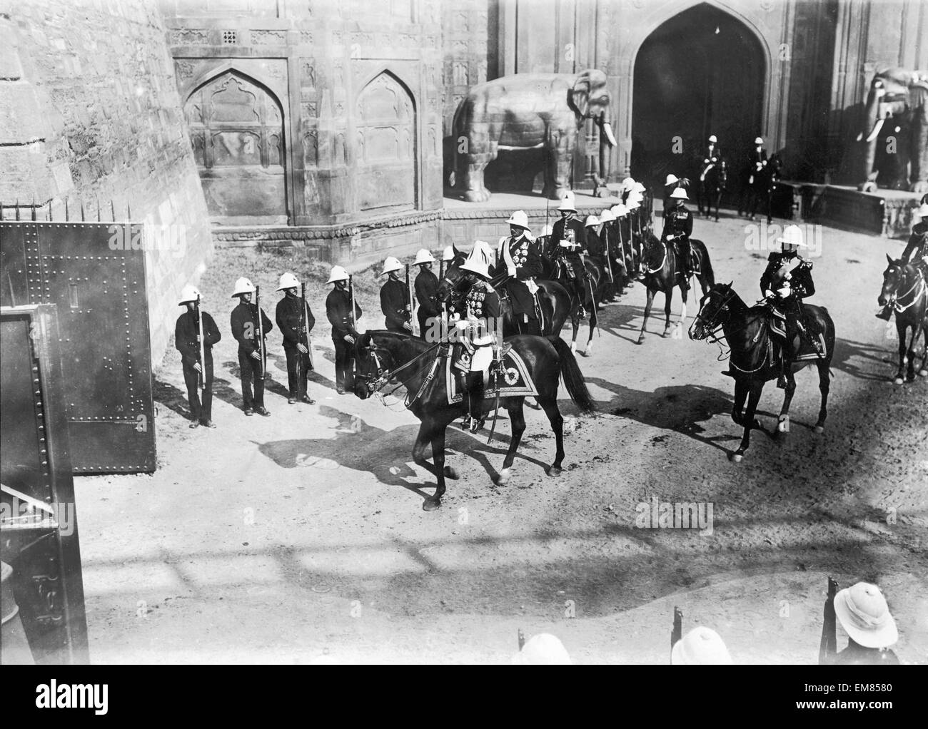King George V entering the Delhi Durbar (Court of Delhi) for his Coronation. 12th December 1911 The Durbar was a mass assembly at Coronation Park, Delhi, India, to mark the coronation of a King and Queen of the United Kingdom. Also known as the Imperial Durbar, it was held three times, in 1877, 1903, and 1911, at the height of the British Empire. The 1911 Durbar was the only one attended by the sovereign, George V. Stock Photo