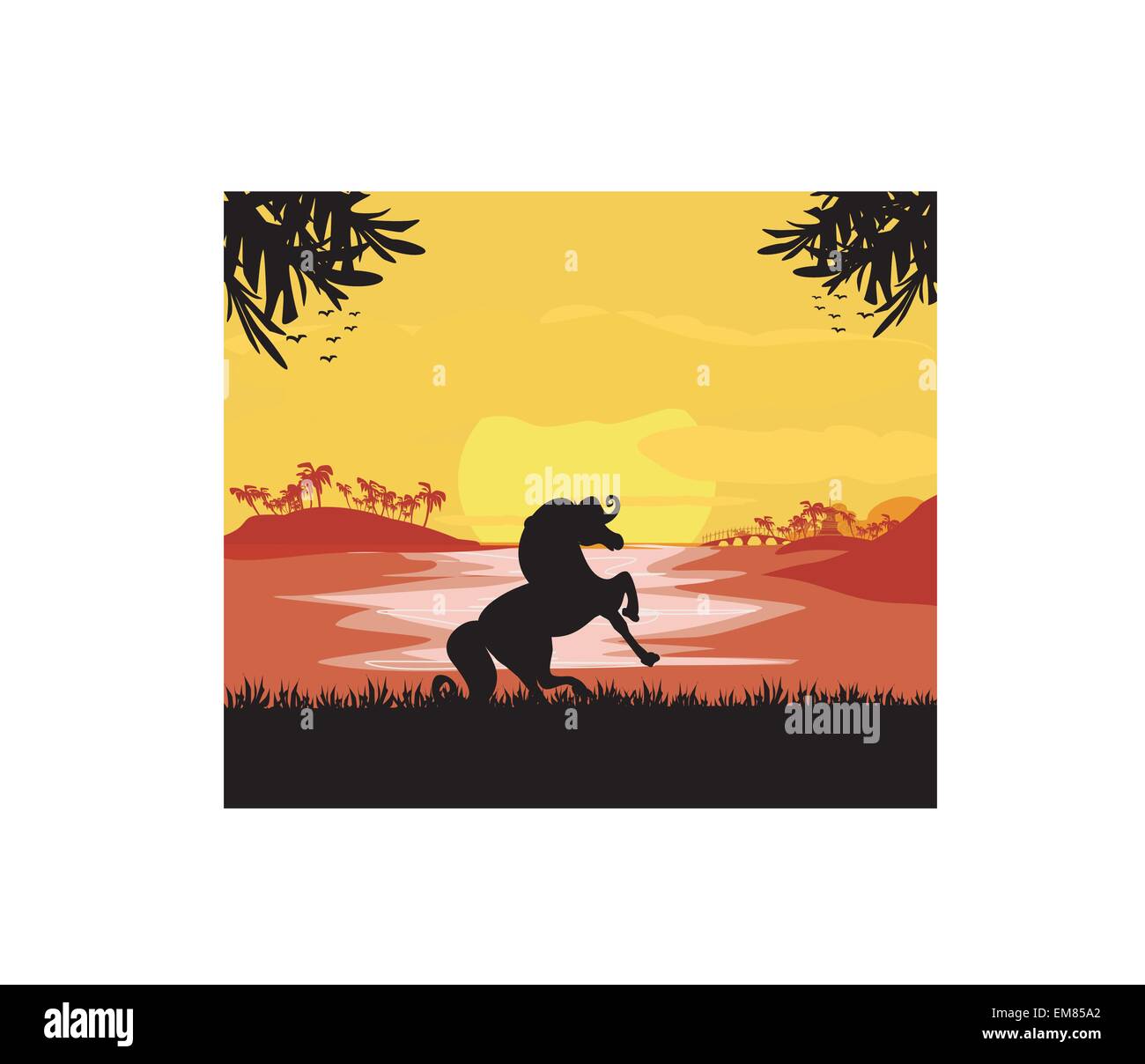 silhouetted horse  on sunset Stock Vector