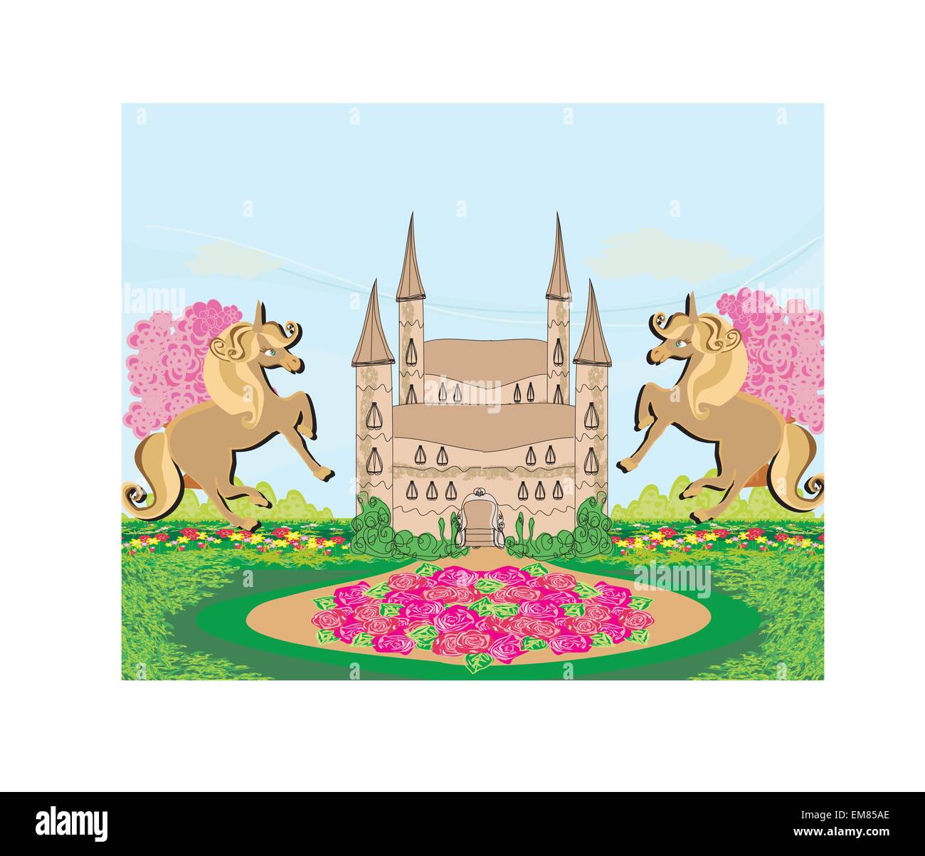 landscape with a beautiful castle and unicorns Stock Vector