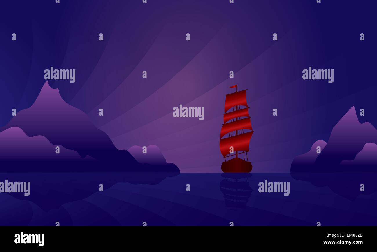 Sailing ship on the night skyline Stock Vector