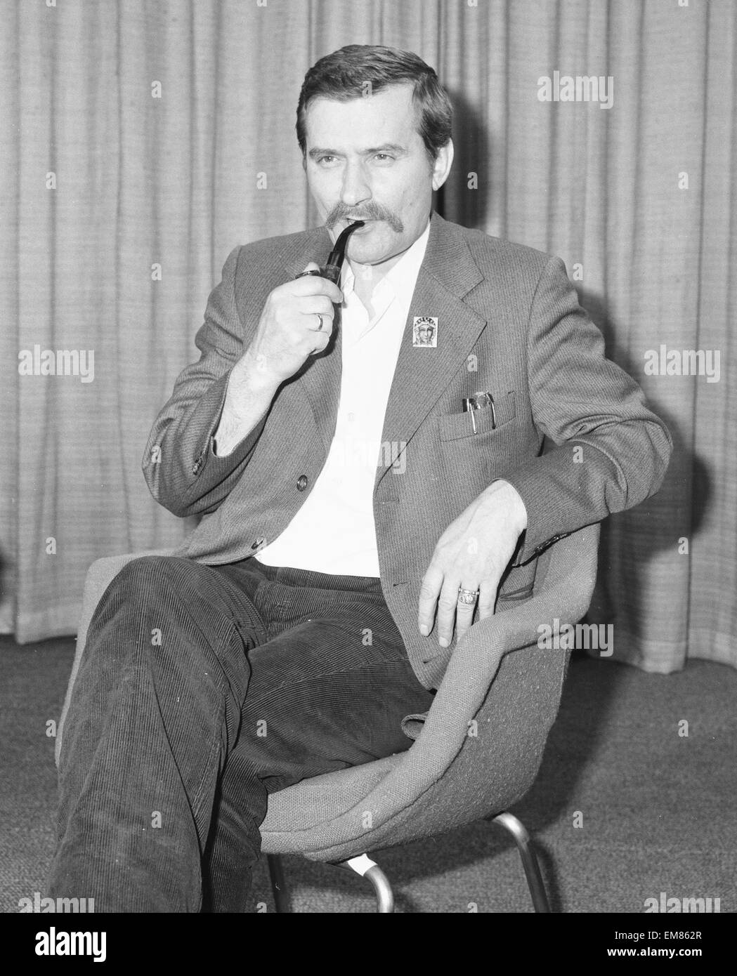 Lech Walesa Polish Union Leader seen here giving a press conference at Heathrow Airport. Circa April 1981 Stock Photo