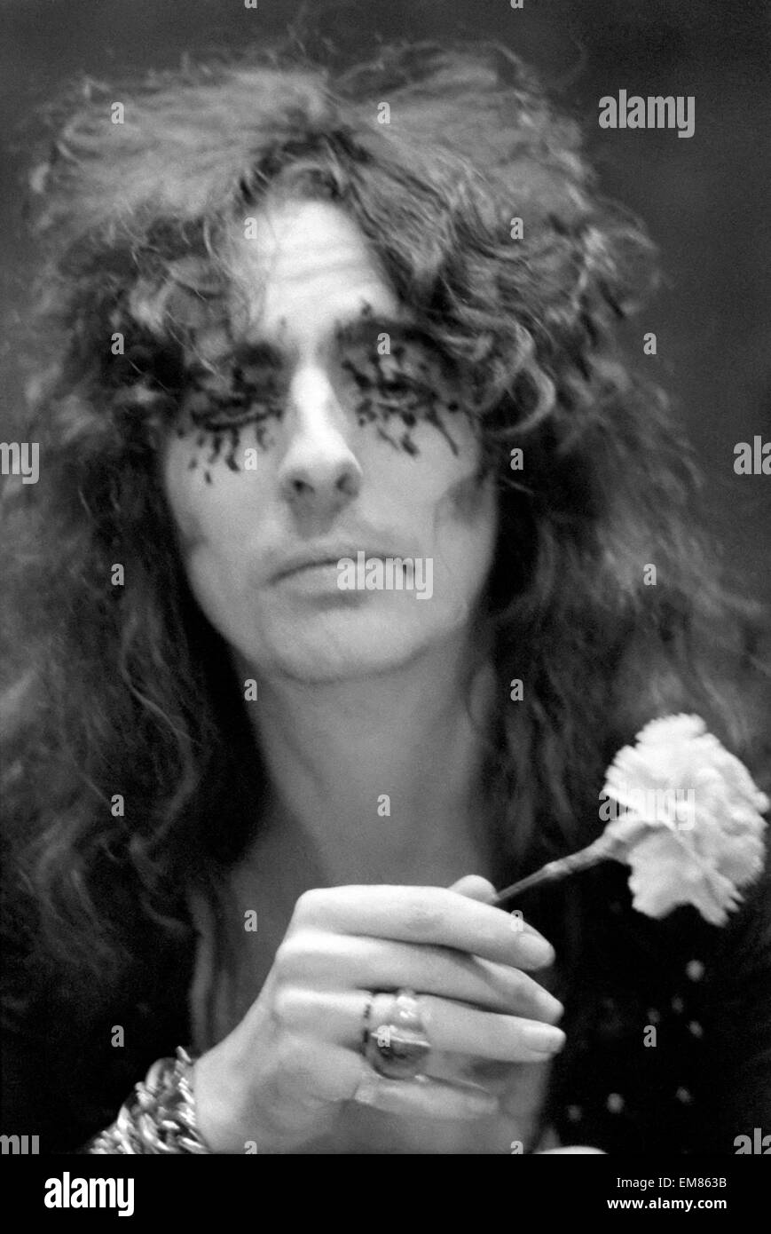 Pop singer Alice Cooper aged 23 flew into Heathrow Airport today with his pet boa constrictor, wearing a flimsy see-through shirt with no buttons. He calls his python Rachina and allowed it to slide over his face and neck. Alice Cooper flew in from the United States and will be appearing in Britain. He is staying in London. 21st October 1971. Stock Photo