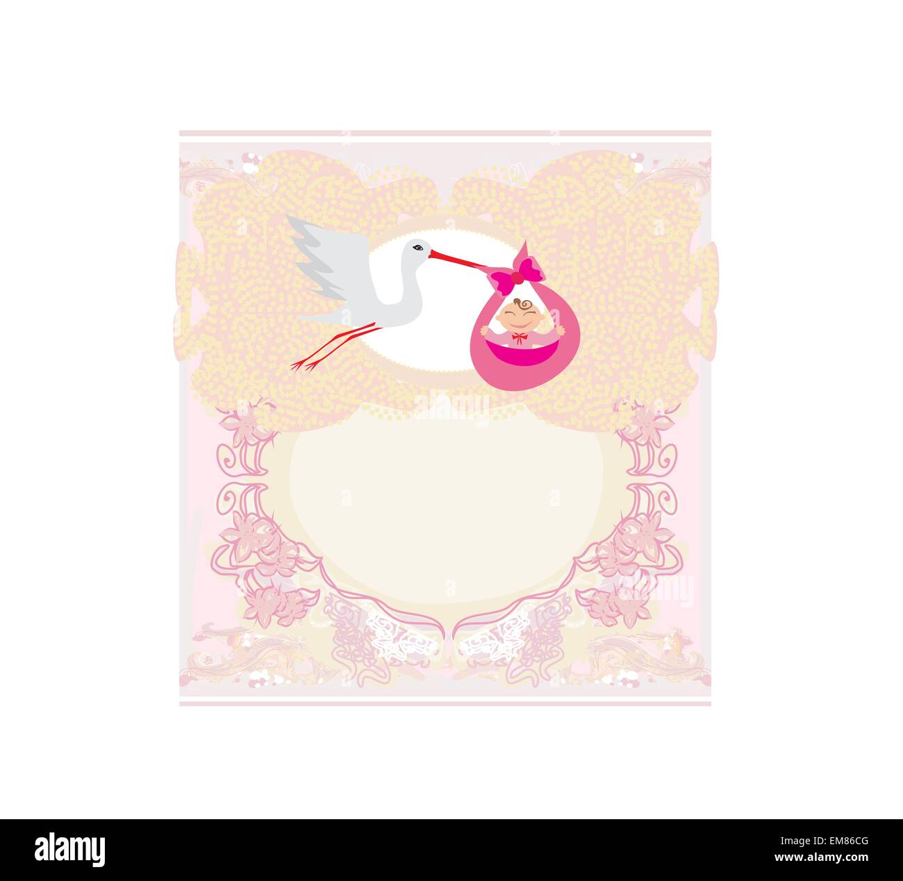 Baby girl Card - A stork delivering a cute baby girl. Stock Vector