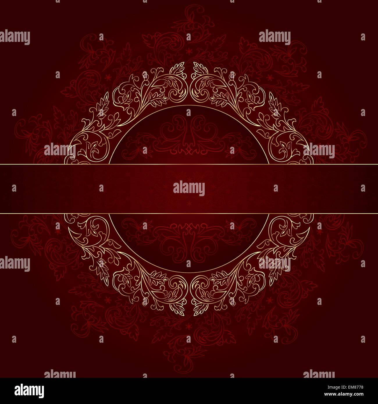 Floral gold frame with vintage patterns on red background Stock Vector