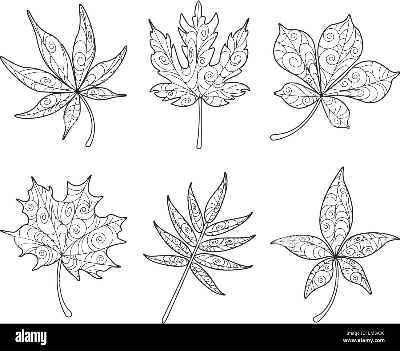 Patterned Maple Leaves in black and white Stock Vector