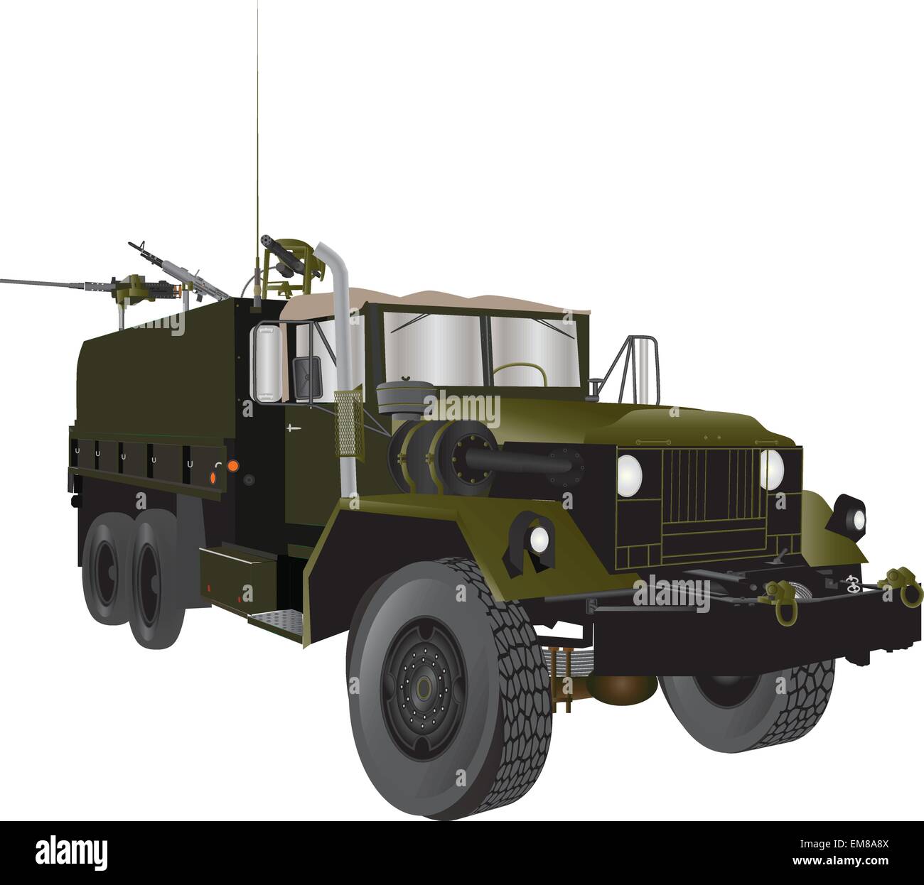 A detailed vector illustration of a olive green Vintage American Army Truck from the Vietnam War era with three heavy machine guns isolated on white Stock Vector