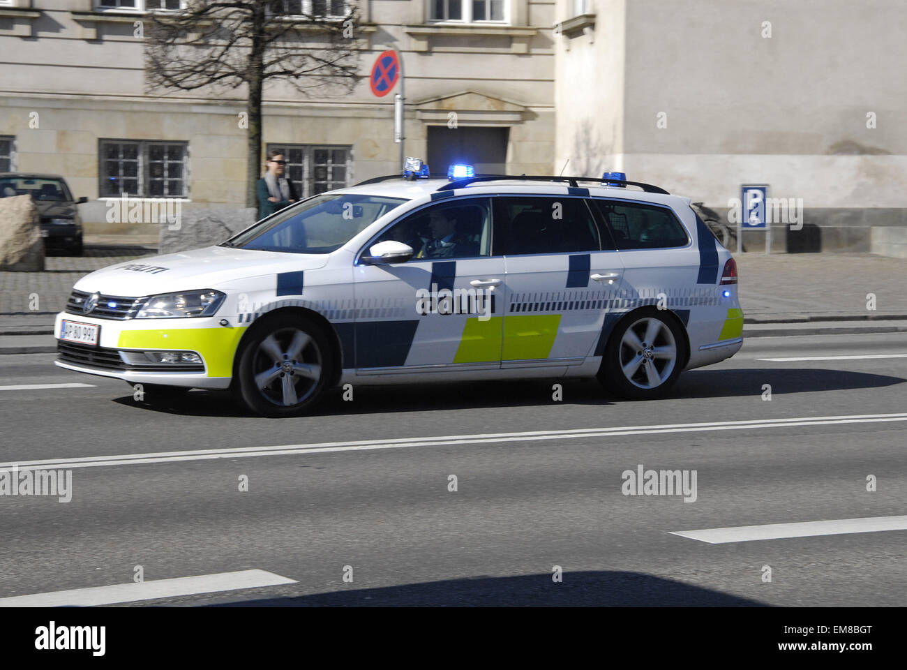 .Copenhagen.Denamrk  17 April 2015   Danish police cars in  action                 (Photo by Francis Joseph Dean/Deanpictures) Stock Photo