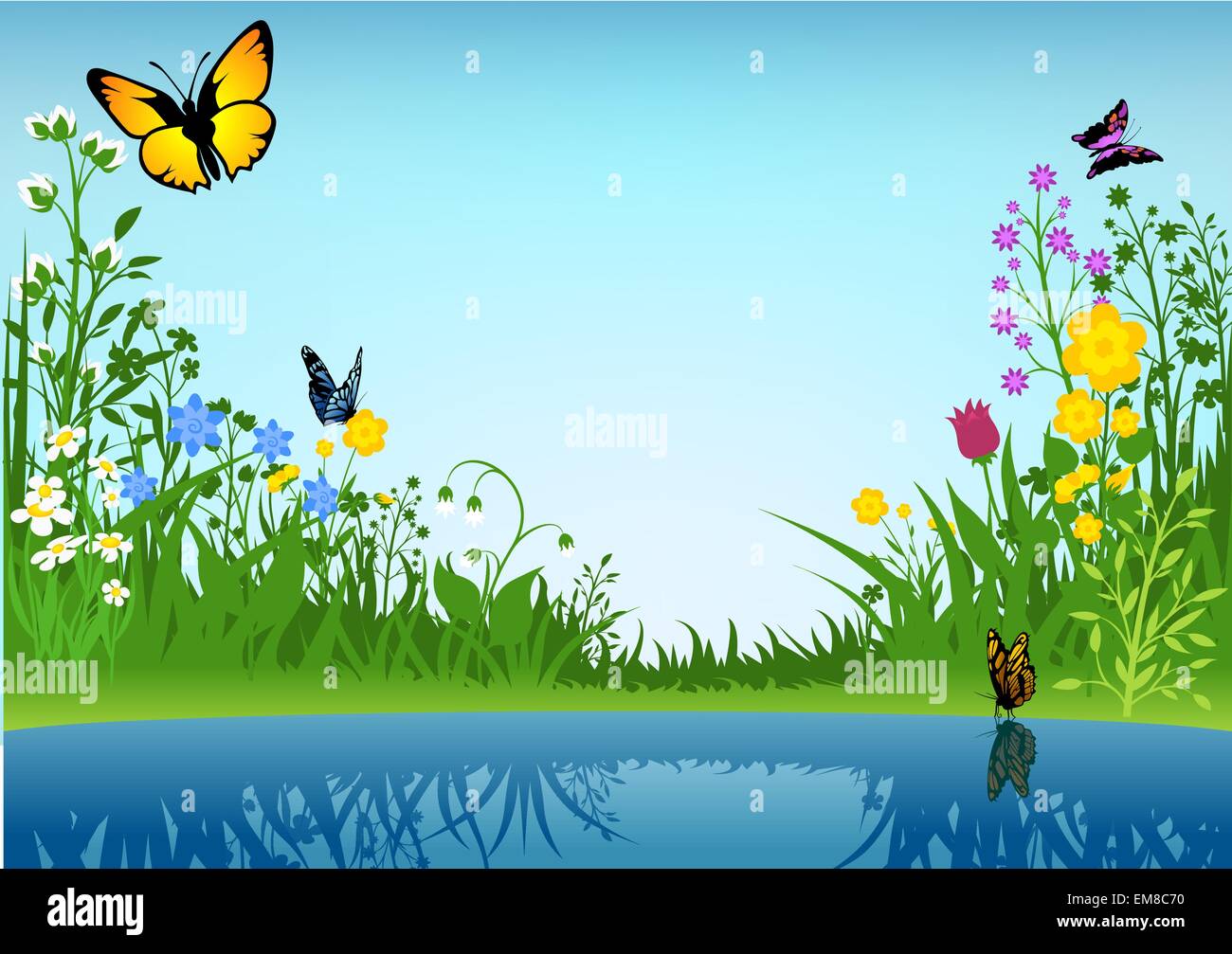 Small Lake And Butterflies Stock Vector