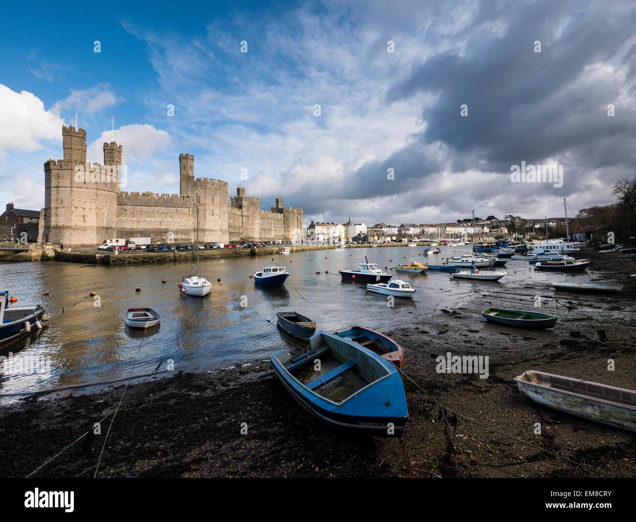 Caernarfon Castle, North Wales seen from across the River Seiont Stock Photo