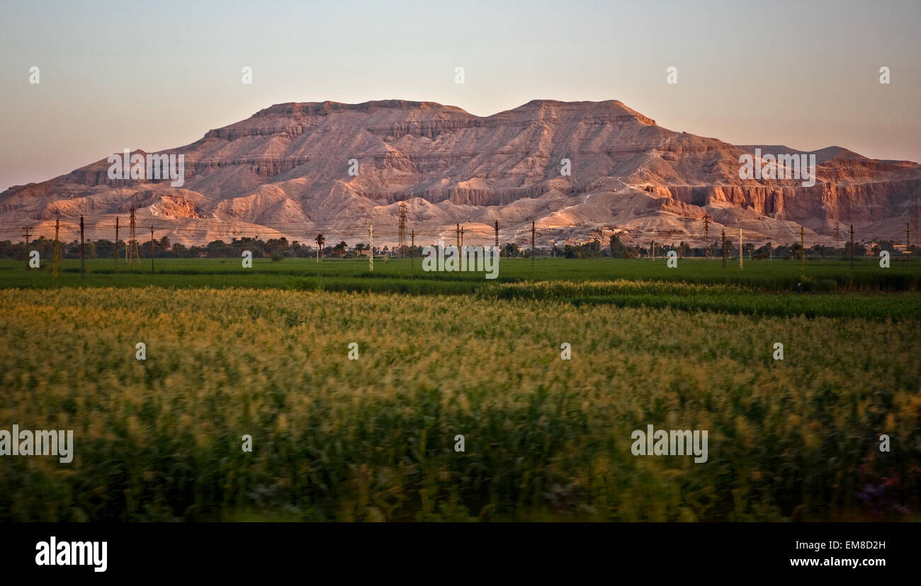 Kings Valley landscape with fields and sunrise in Egypt Stock Photo