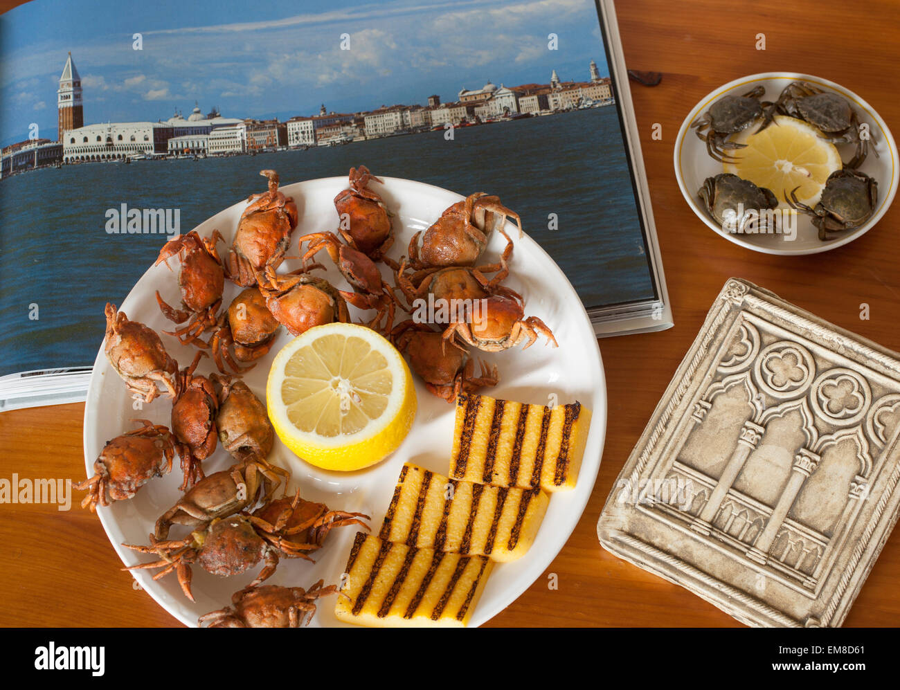 tipical venetian food: moeche and polenta (crabs with maize porridge) Stock Photo