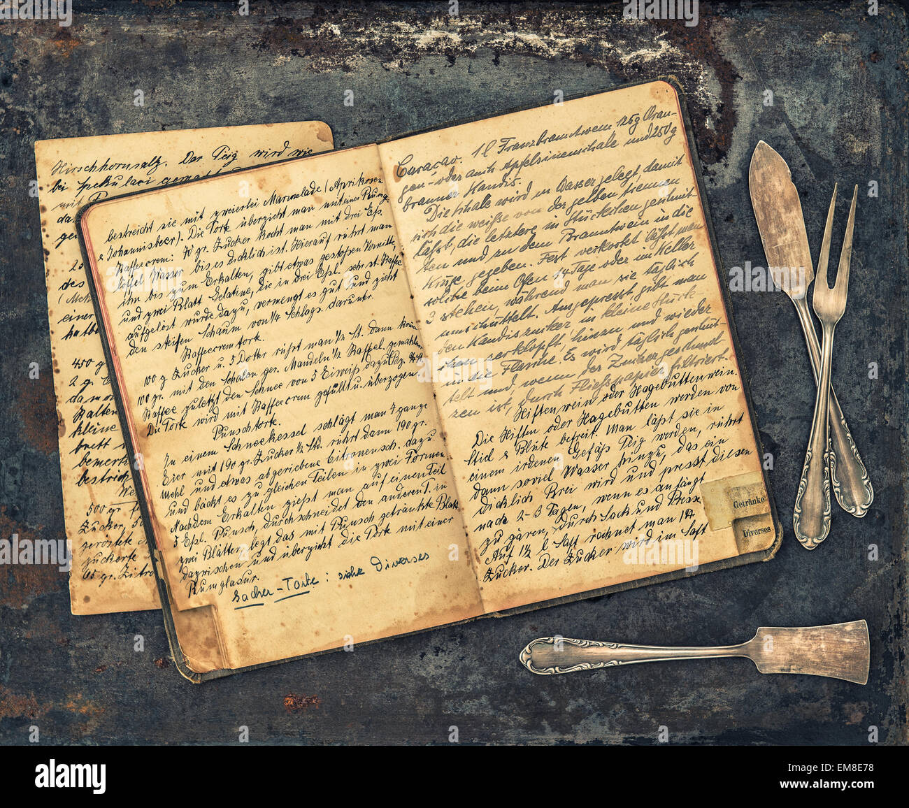 https://c8.alamy.com/comp/EM8E78/antique-silverware-on-rustic-metal-background-vintage-handwritten-EM8E78.jpg