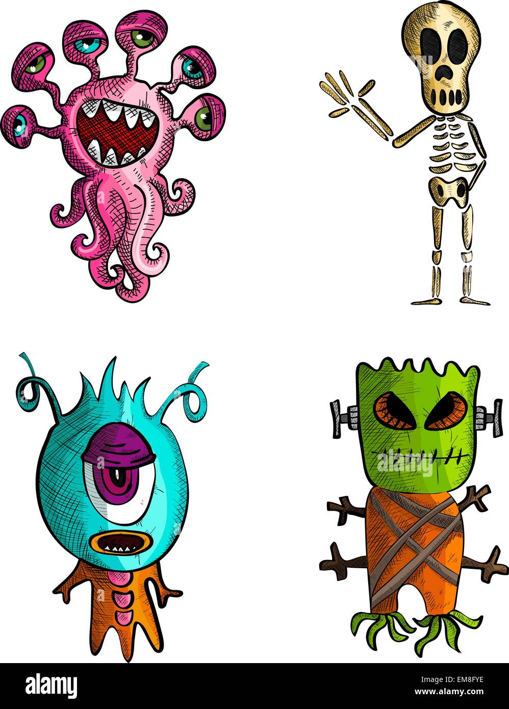Halloween monsters isolated sketch style creatures set Stock Vector