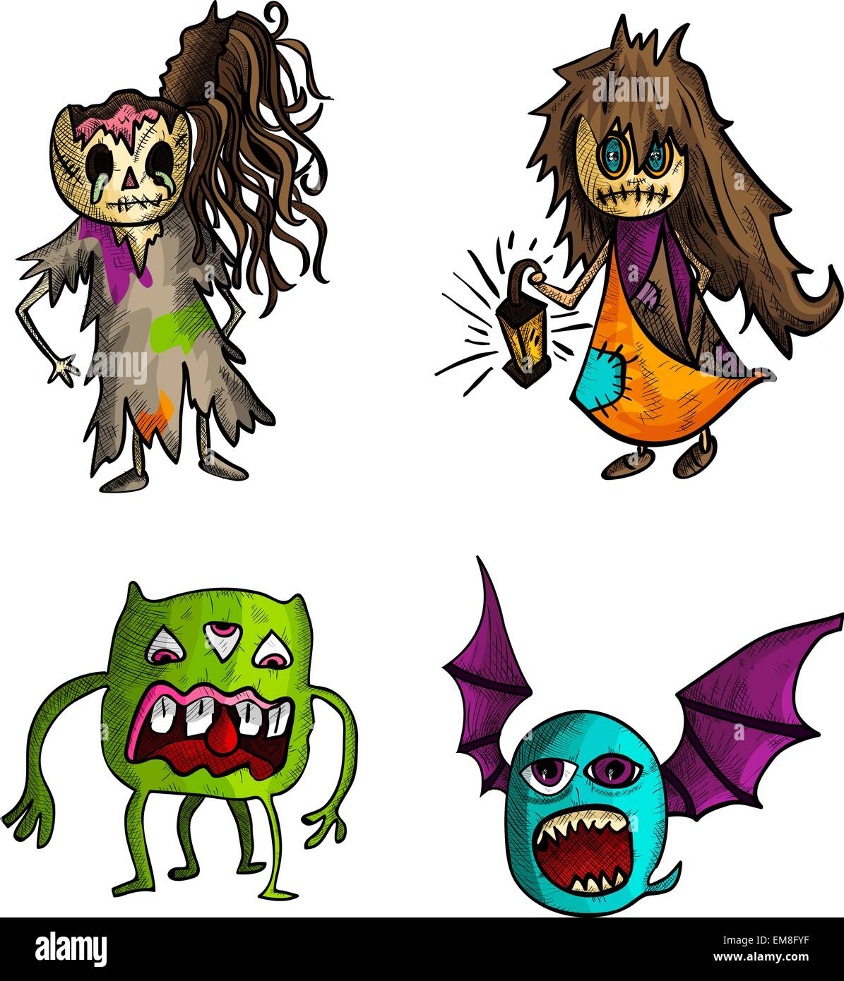 Halloween monsters isolated sketch style creatures set Stock Vector