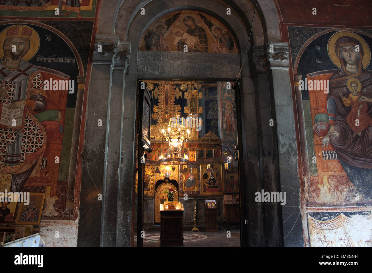 Frescos and altar inside Saint Nicolas Chapel, Moraca Monastery, Montenegro Stock Photo