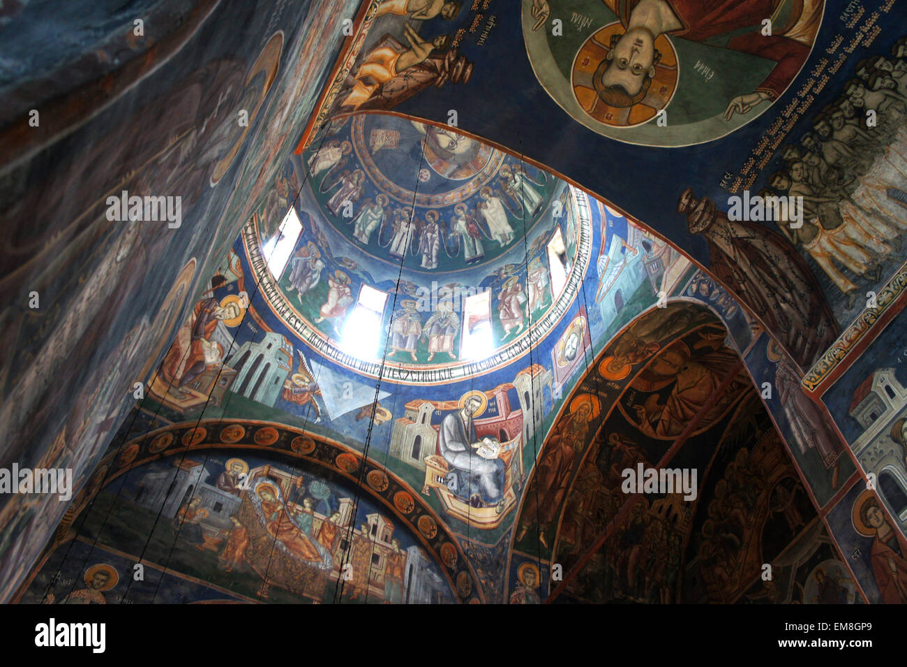 Frescos and ceiling inside Saint Nicolas Chapel, Moraca Monastery, Montenegro Stock Photo