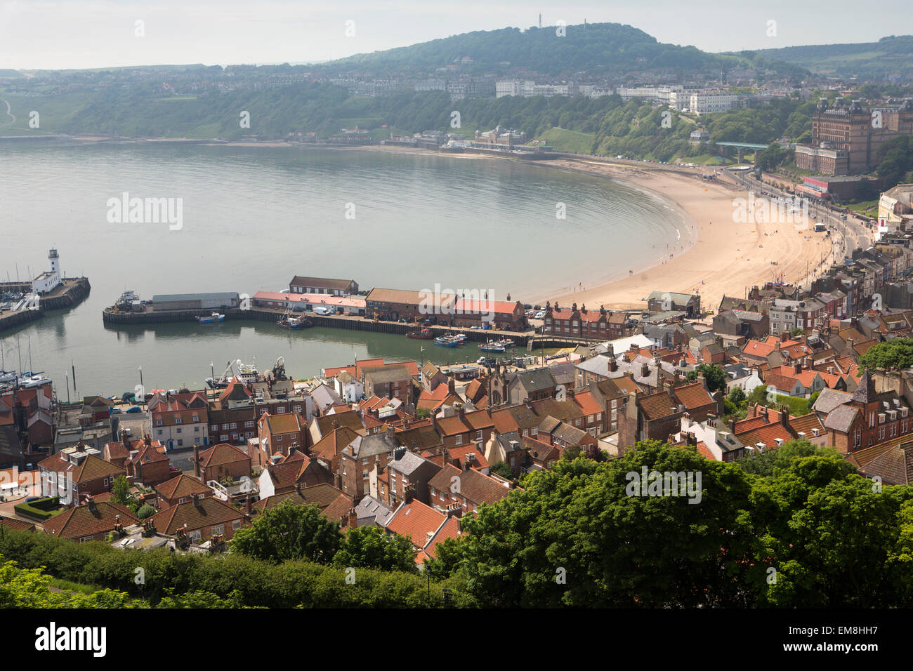 UK, England, Yorkshire, Scarborough, rooftops of old town and South Bay from the Castle Stock Photo