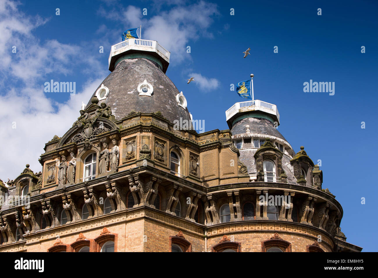 UK, England, Yorkshire, Scarborough, St Nicholas Cliff, Grand Hotel, roofline decorated with statues Stock Photo