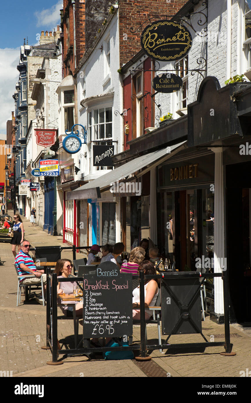 UK, England, Yorkshire, Scarborough, Huntriss Row, shops and cafes in pedestrianised road Stock Photo