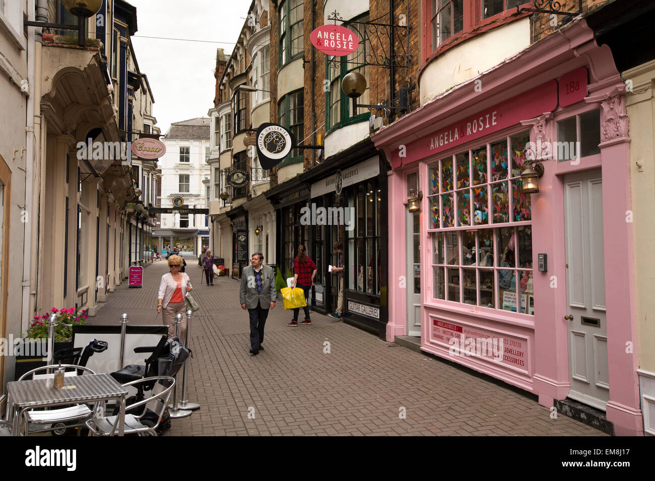 UK, England, Yorkshire, Scarborough, Bar Street, independent shops in pedestrianised lane Stock Photo