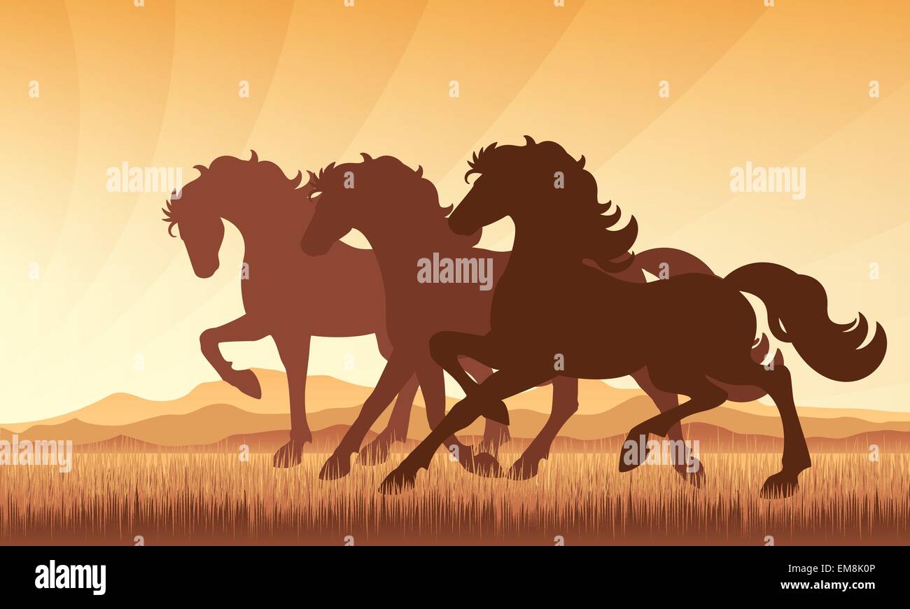 Horses in field on sunset background vector silhouette illustrat Stock Vector