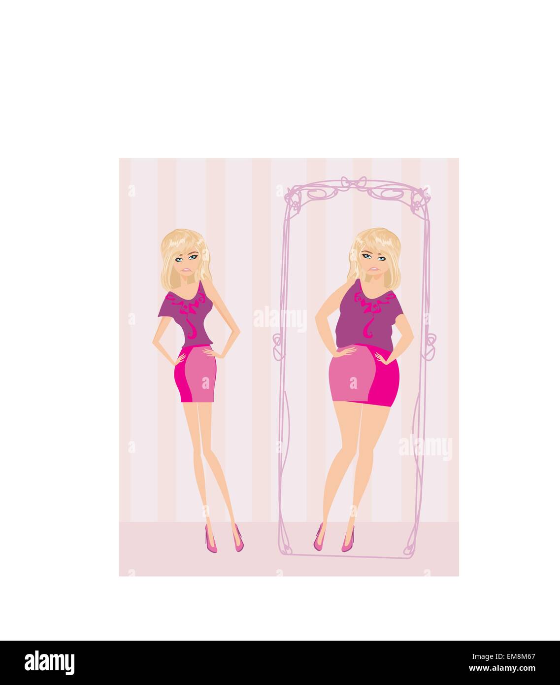 unhappy girl is looking at herself in the mirror Stock Vector