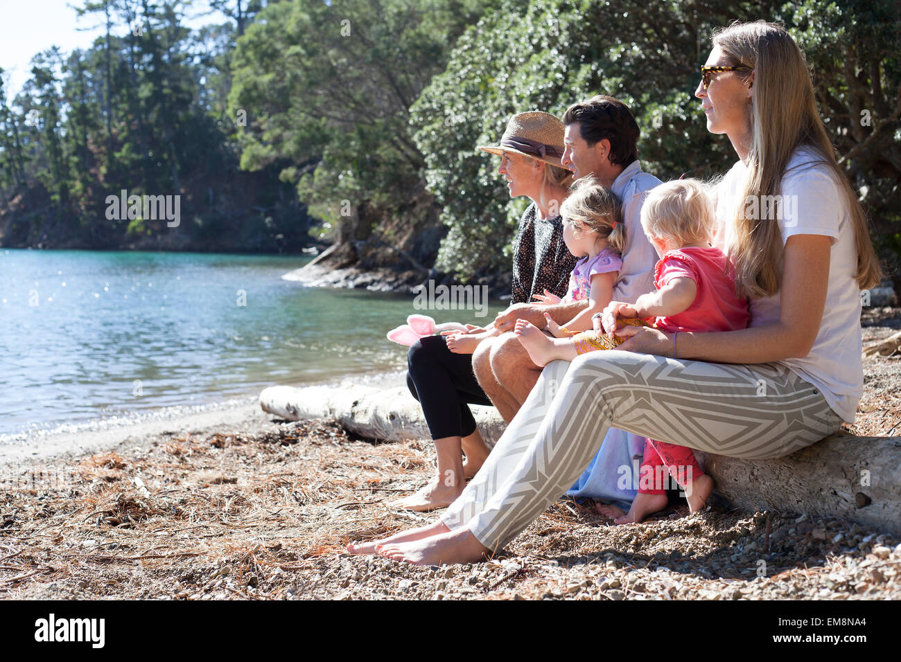 Family friends sitting on tree trunk at beach, New Zealand Stock Photo