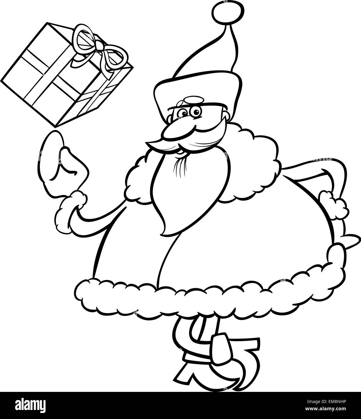 santa with gift cartoon coloring page Stock Vector