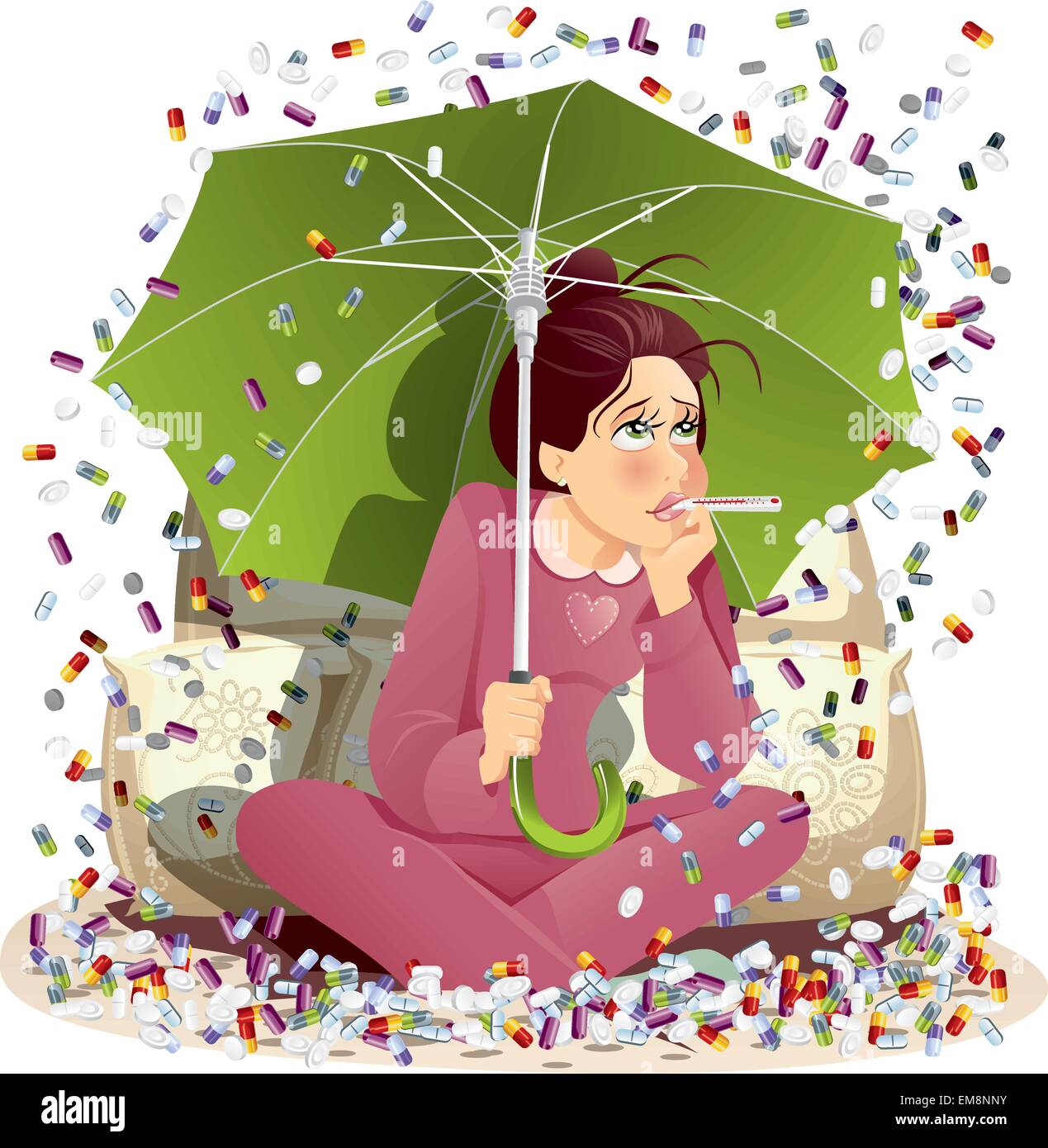 Sick Girl Bombarded with Medication Vector Illustration Stock Vector