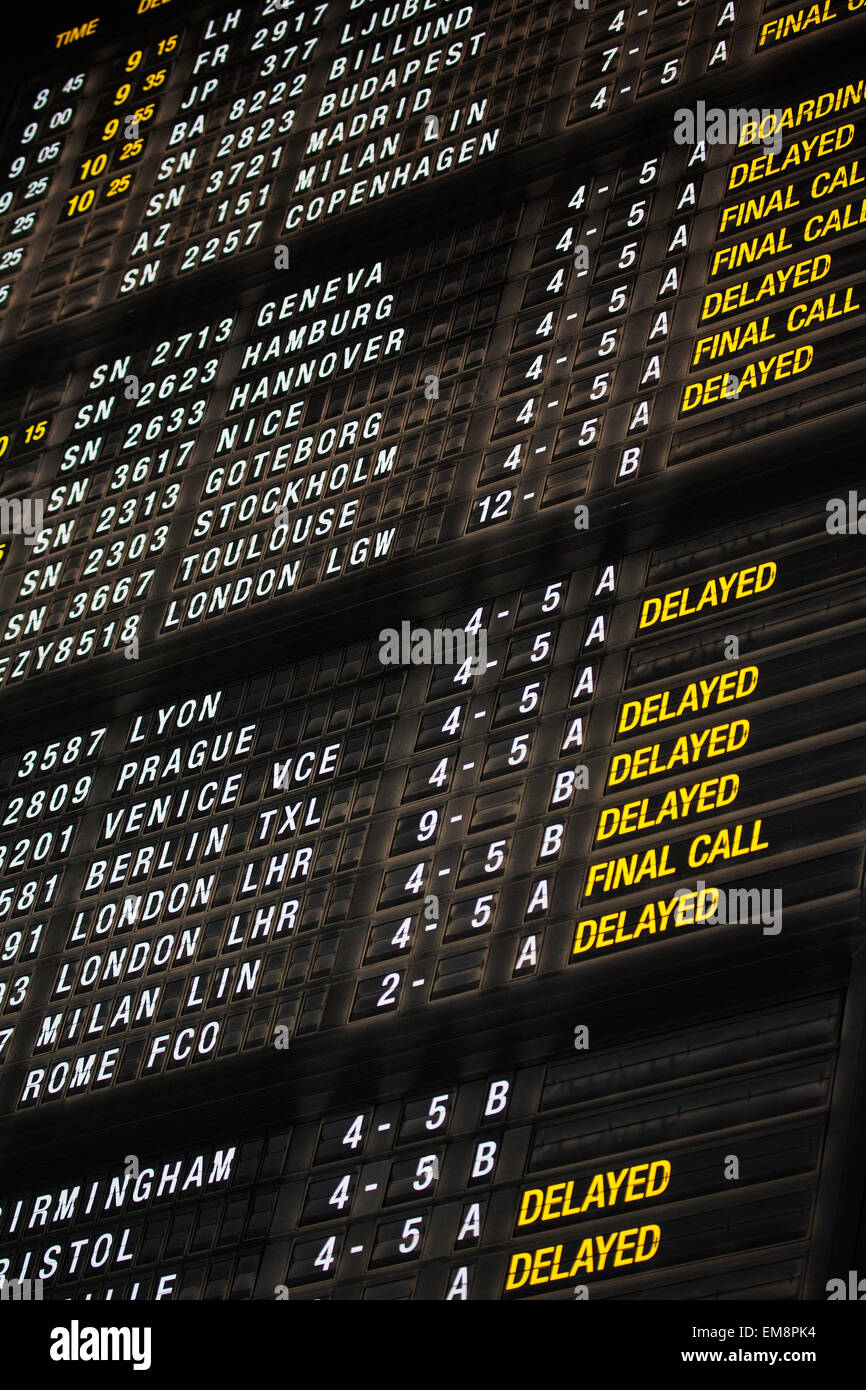 Arrivals and Departures board, Brussels Airport, Zaventem, Belgium Stock Photo