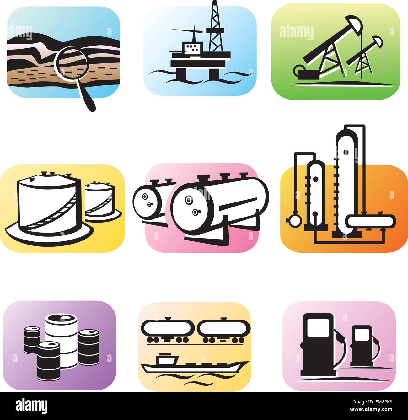 oil extraction and processing, set of vector icons Stock Vector